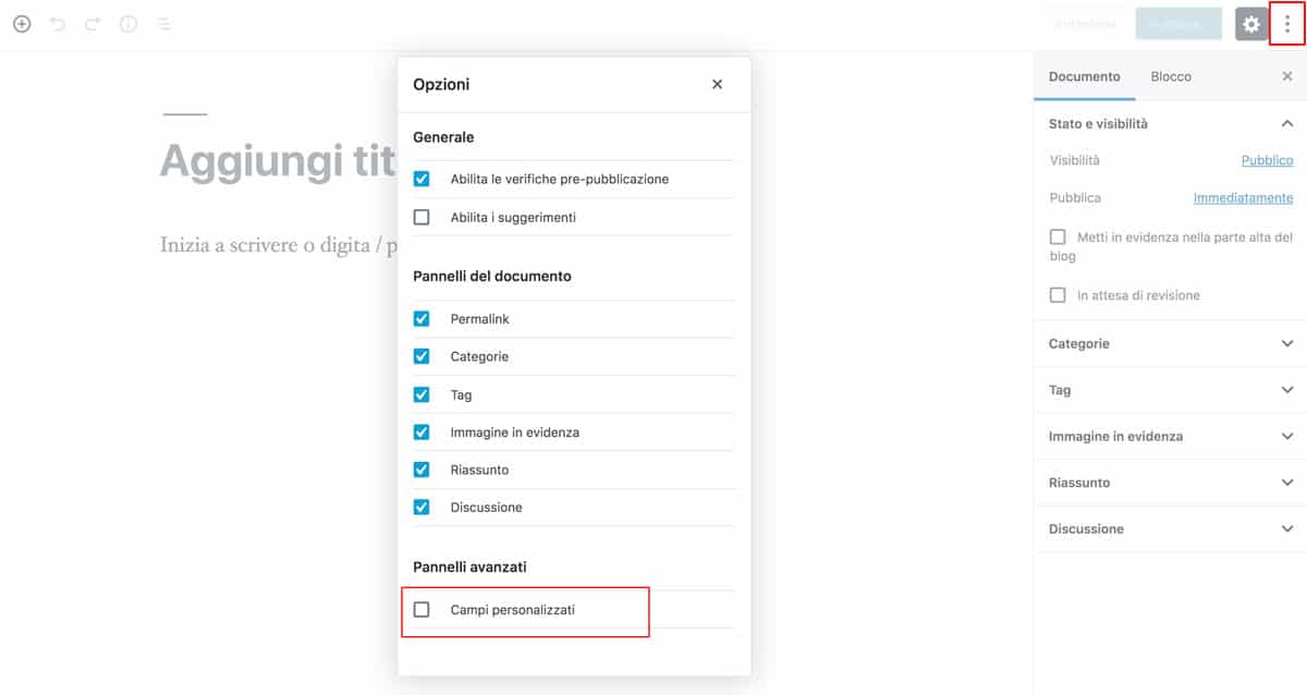 aggiungi campi personalizzati wordpress con Gutemberg