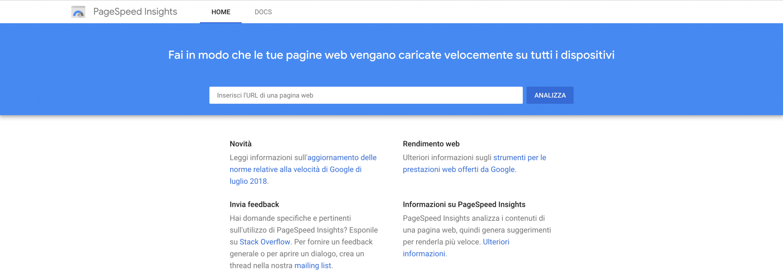 lo strumento di test velocità PageSpeed ​​Insights di Google