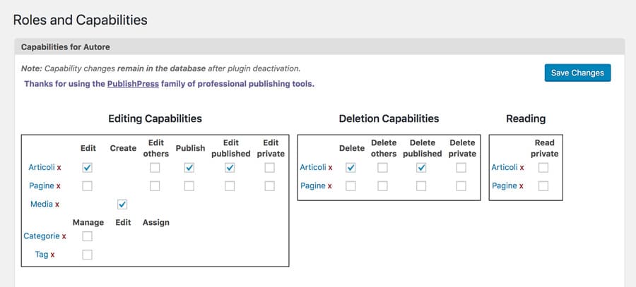 permessi del ruolo autore di WordPress