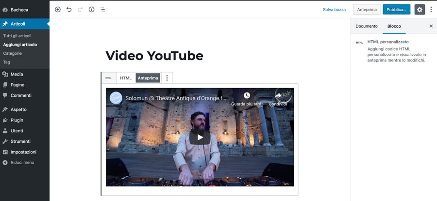 passaggi per incorporare un video Youtube su wordpress