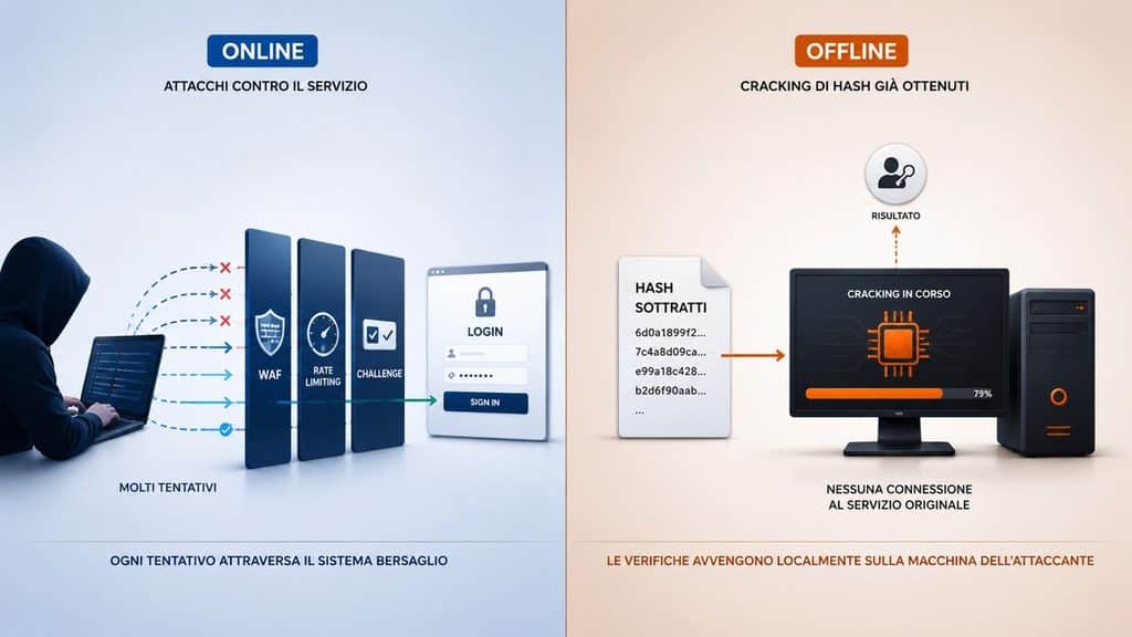Brute force: cos’è un attacco a forza bruta, come funziona e come difendersi 1 Confronto visuale tra tentativi brute force online contro un login e cracking offline di password hash