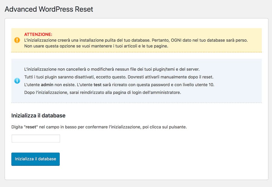 reset database wordpress