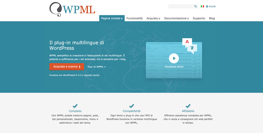 La home page del plugin di traduzione WPML per WordPress