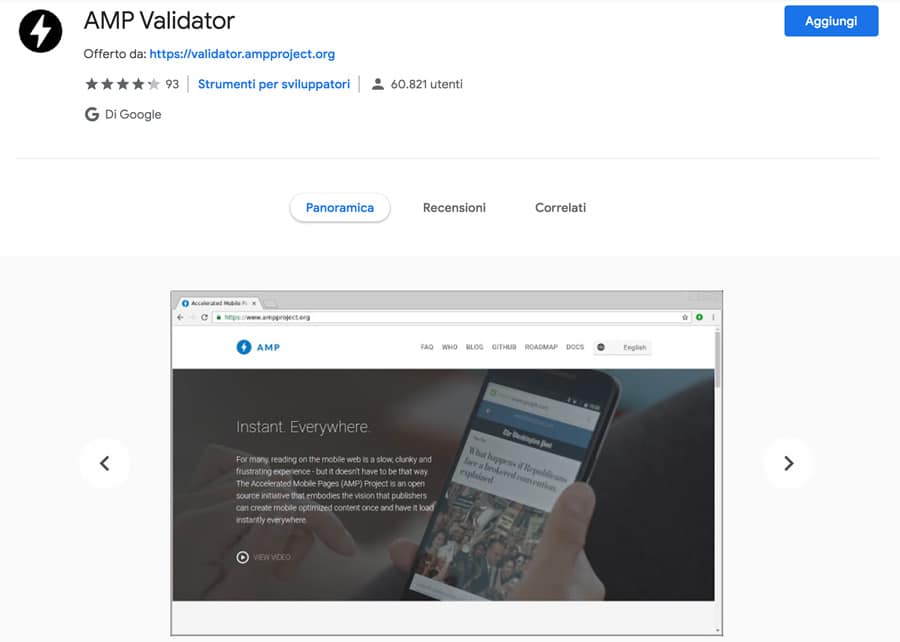 Estensione AMP Validator per Google Chrome