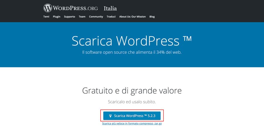 scarica wordpress per aggiornamento manuale