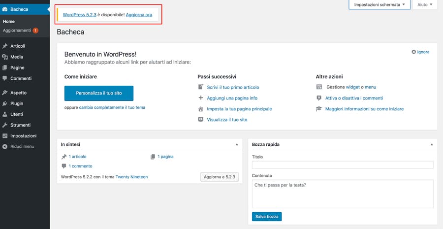 notifica di aggiornamento di wordpress nella dashboard di amministrazione