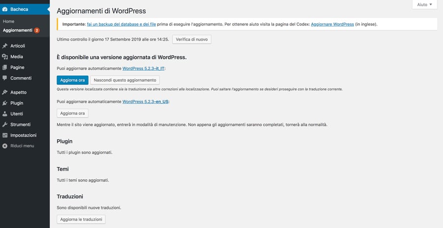 schermata di aggiornamento di wordpress