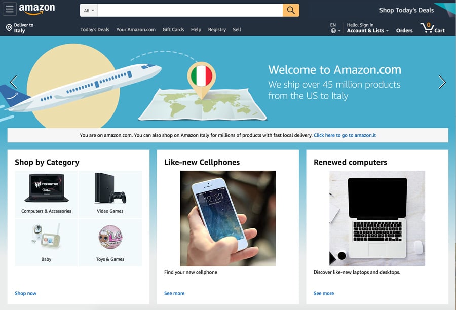 La homepage di Amazon.