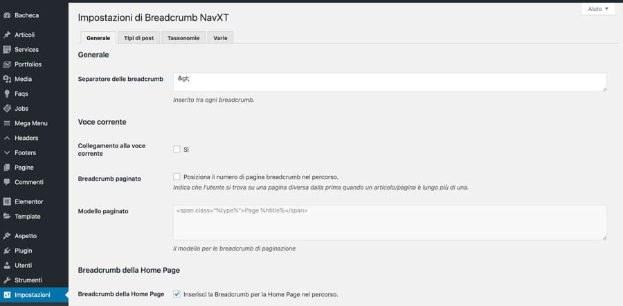 Pagina delle impostazioni del plugin per WordPress Breadcrumbs NavXT