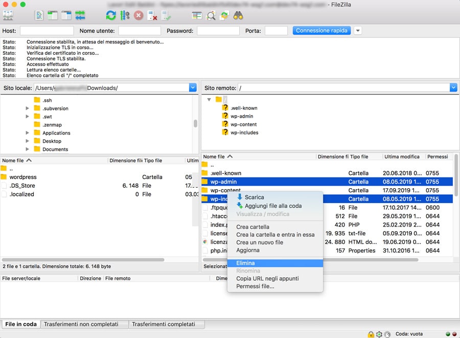 eliminazione di cartelle wordpress tramite ftp