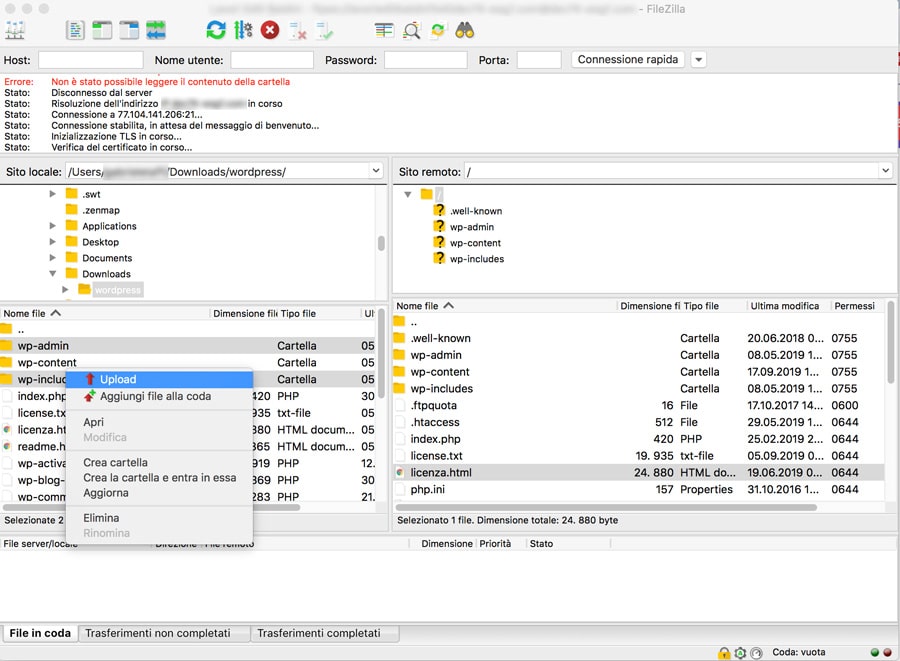 caricamento dei file wordpress tramite ftp
