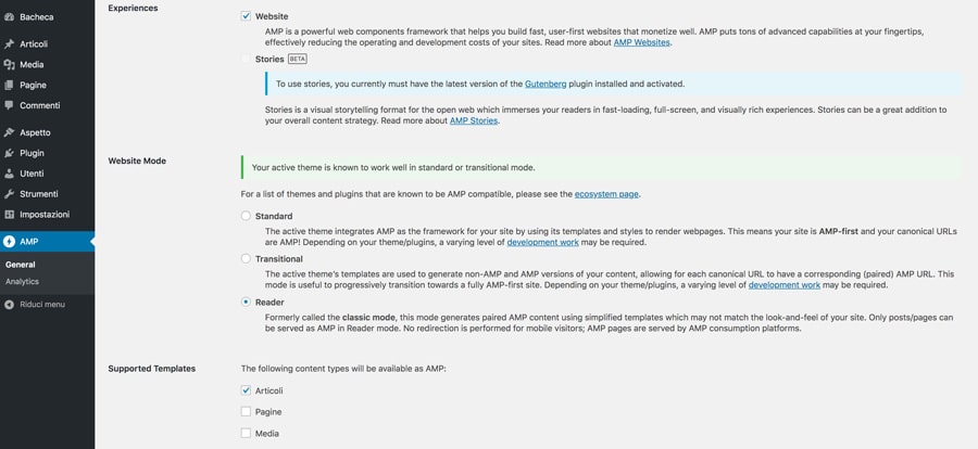 Configurazione google amp wordpress plugin