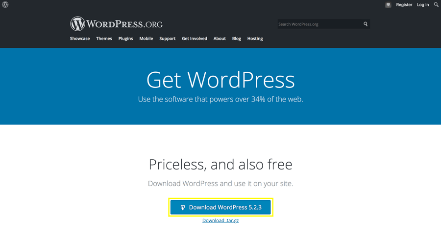Pagina di download WordPress su wordpress.org