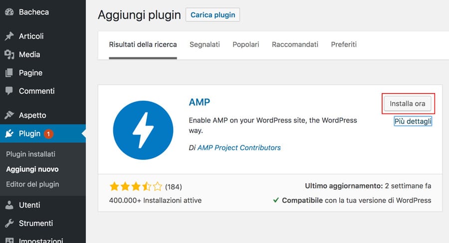 Installa il plugin google amp for wordpress