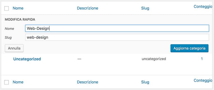 modifica delle lumache di categoria in admin di wordpress