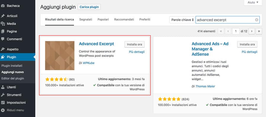 ricerca plugin advanced excerpts WordPress