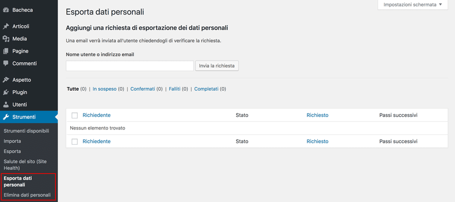 esportazione e cancellazione dei dati utente nell'area di amministrazione di WordPress Tool