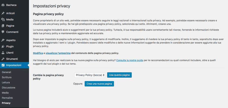 Impostazioni della politica sulla privacy nell'area di amministrazione di WordPress