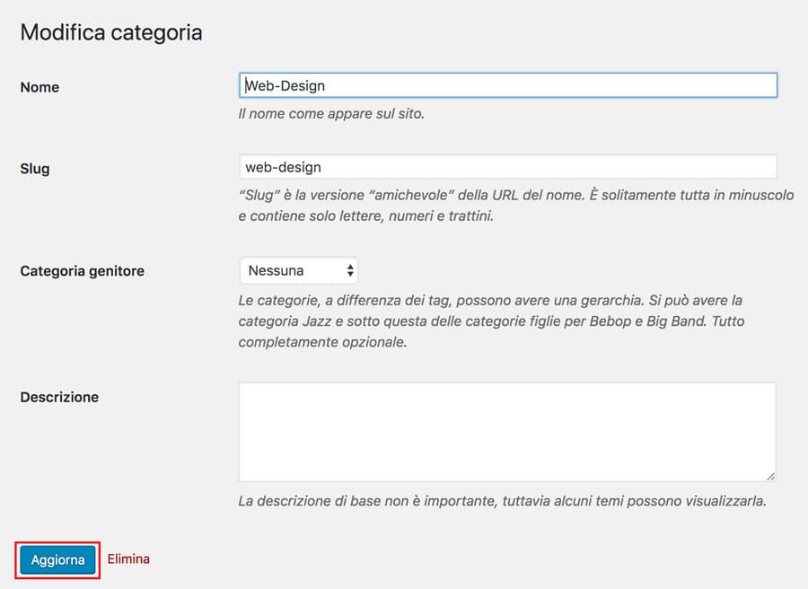 modifica le categorie per i post di wordpress in wp admin