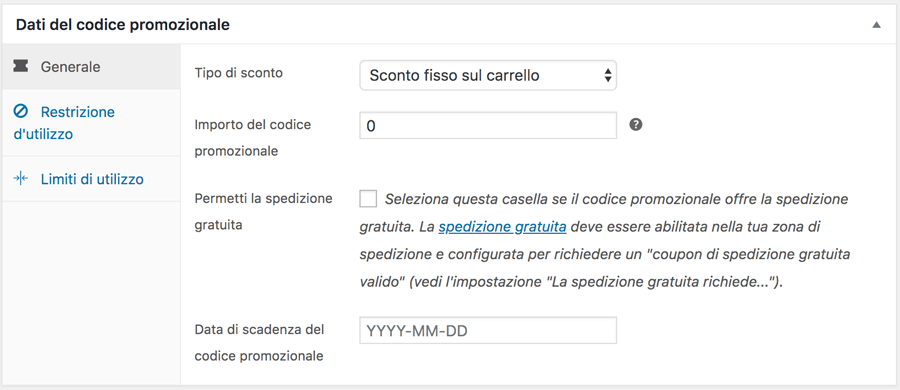 Impostazioni generali della scheda dati coupon woocommerce