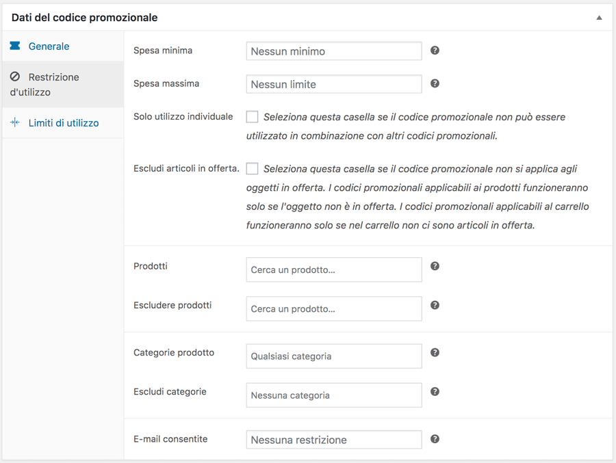 scheda restrizione utilizzo codice promozionale woocommerce