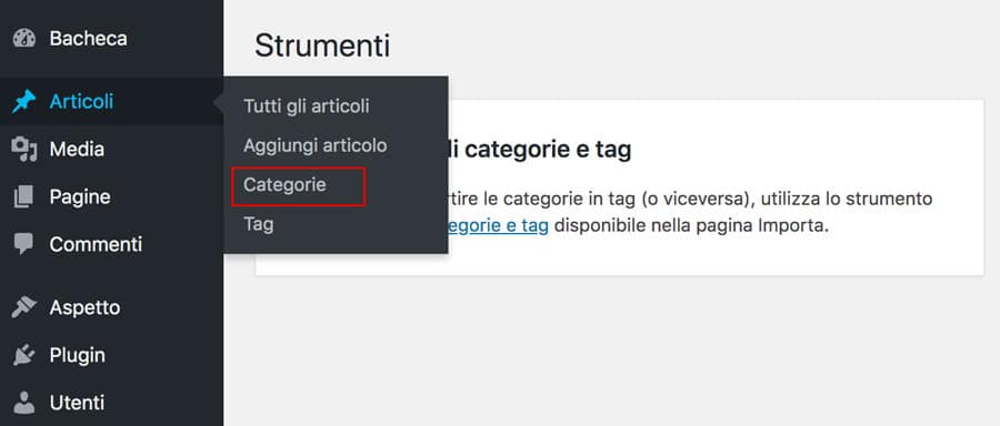 Sezione categorie di wordpress admin