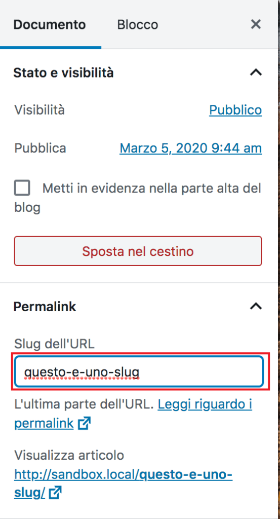 Interfaccia dell’editor WordPress che mostra il campo per modificare lo slug del post, utile per ottimizzare la SEO