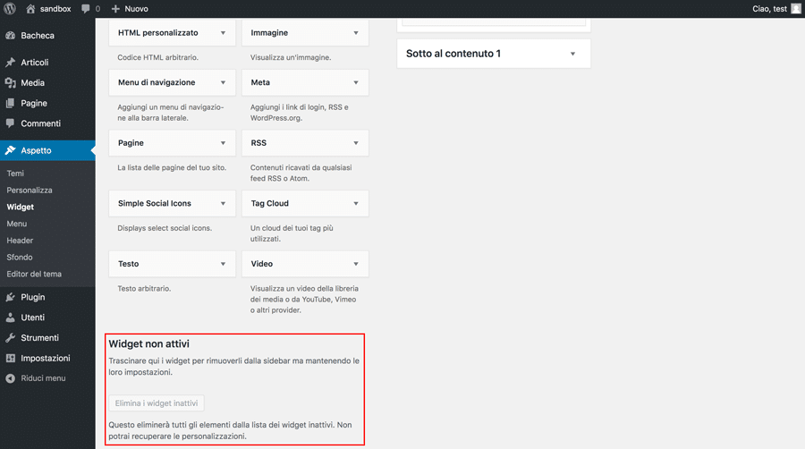 Area Widget non attivi di WordPress