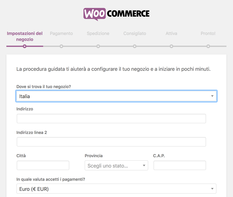 Woocommerce vs Prestashop : Parte della procedura guidata di configurazione di WooCommerce