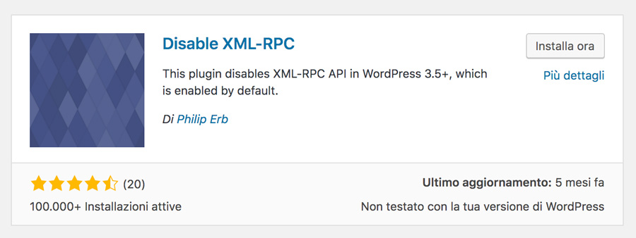 disabilita WordPress xmlrpc con un plugin