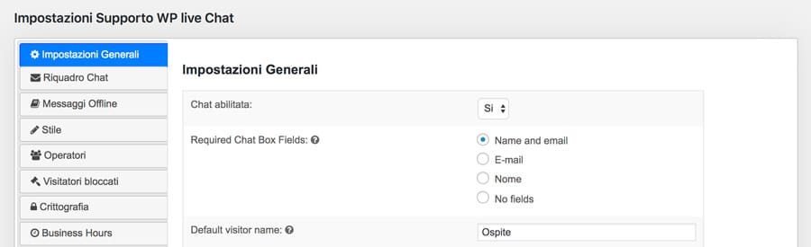 Configurazione dei campi obbligatori della chat WordPress