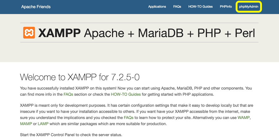 Link a phpMyAdmin nella dashboard di XAMPP per installare wordpress in locale