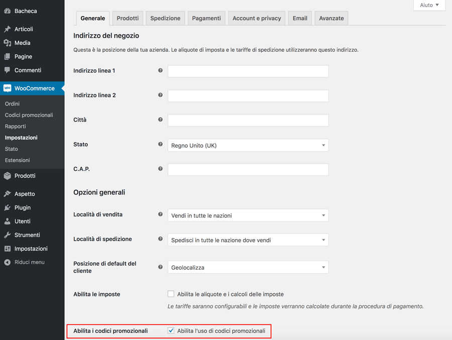 come abilitare i codici promozionali in woocommerce