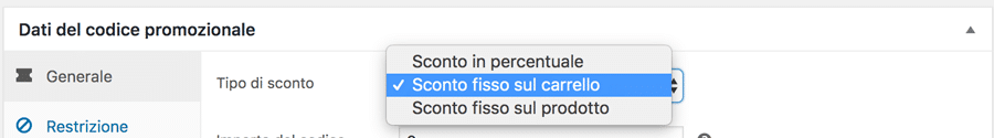 Tipo di codici coupon WooCommerce