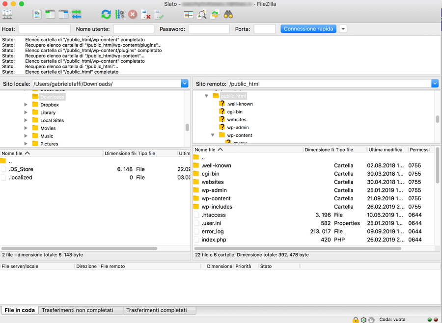 Directory principale di WordPress in FileZilla