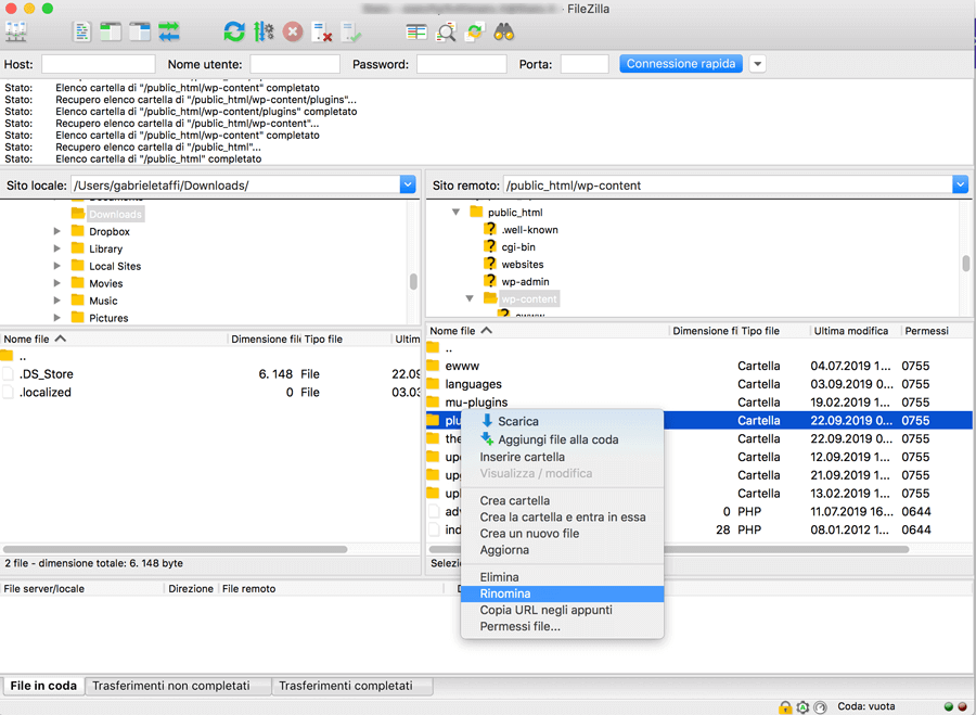 rinominare la cartella plugin di WordPress con filezilla per risolvere HTTP error 503