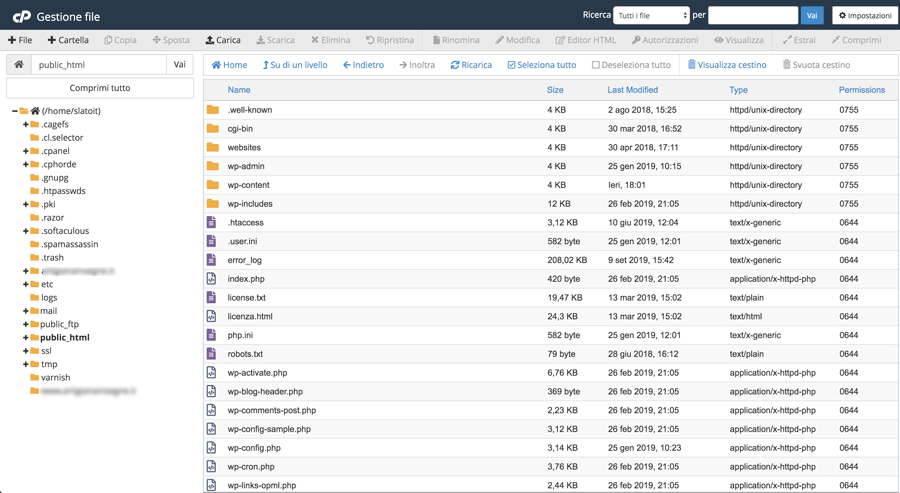 Visualizzazione della home directory di WordPress nel file manager CPanel