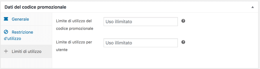 scheda limiti di utilizzo codici sconto woocommere