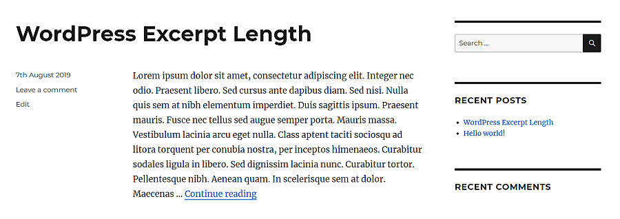 Esempio di lunghezza dell'excerpt di WordPress