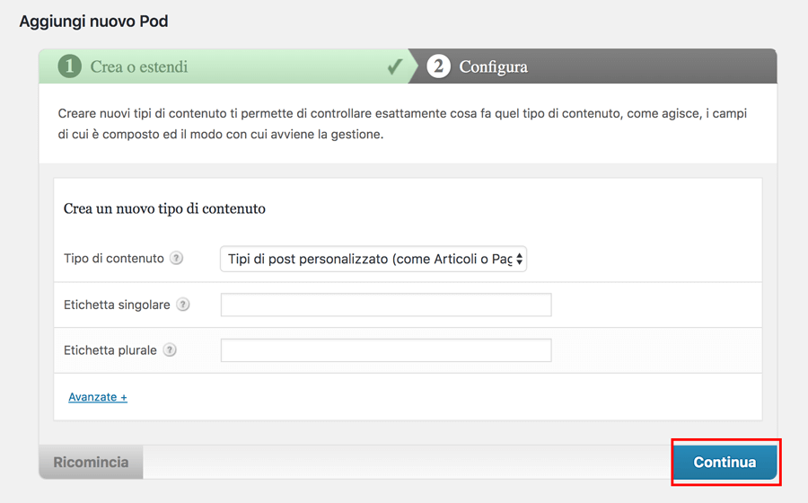 Configura la pagina delle impostazioni di pods