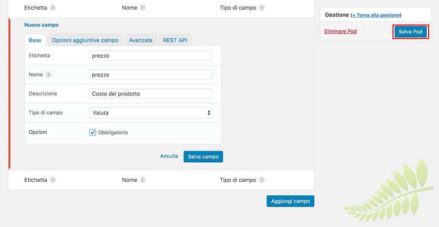 Pagina delle impostazioni di pods custom post type plugin per WordPress