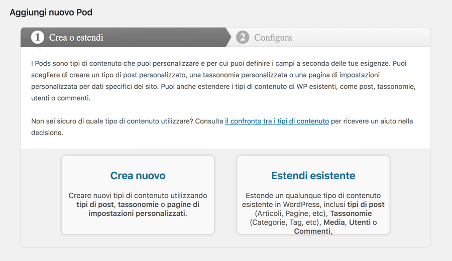 Aggiunta di un nuovo custom post type dall'amministrazione di Pods