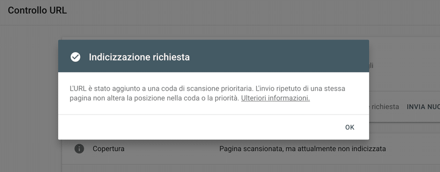 Notifica di indicizzazione richiesta da Google Search Console