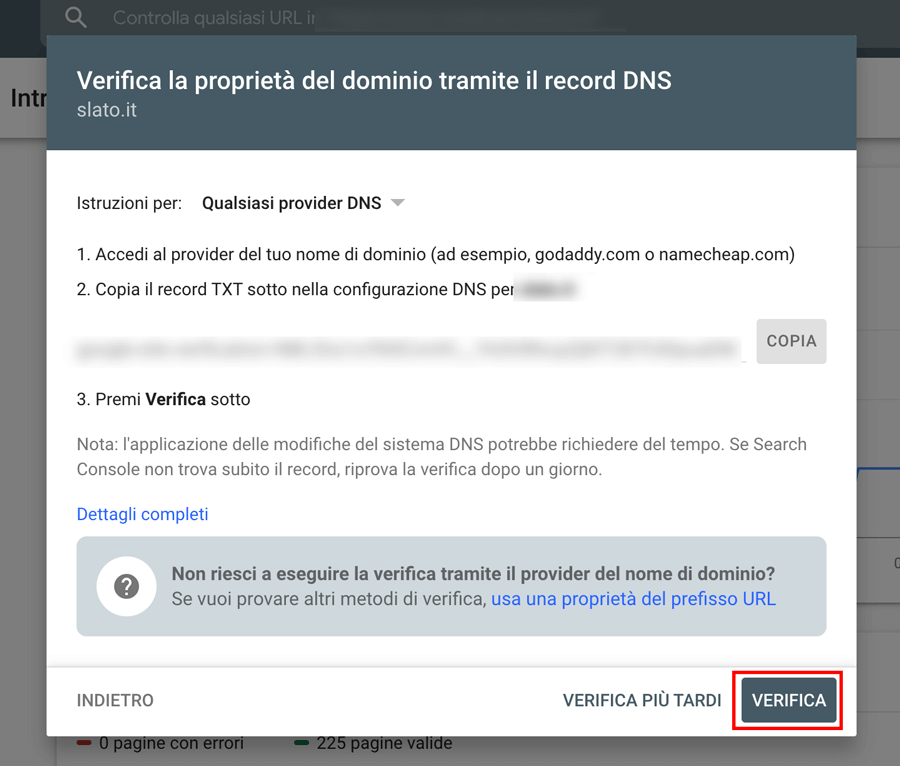 Verifica il sito in Google Search Console