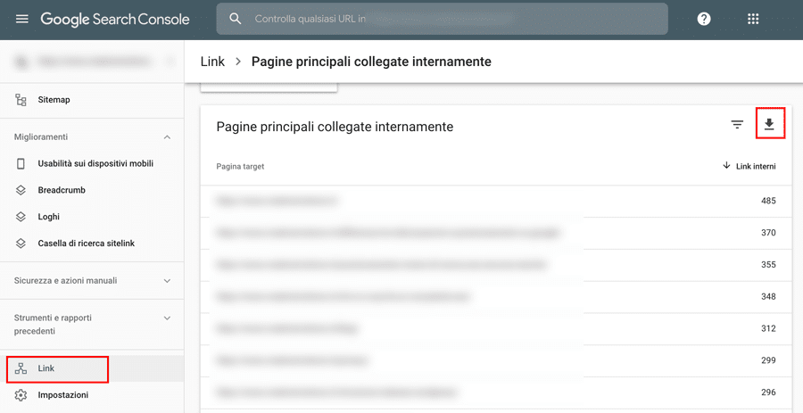 eseguire un rapporto sui collegamenti interni in Google Search Console