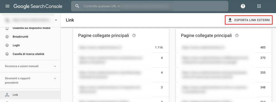 esporta un rapporto di collegamenti esterni in Google Search Console