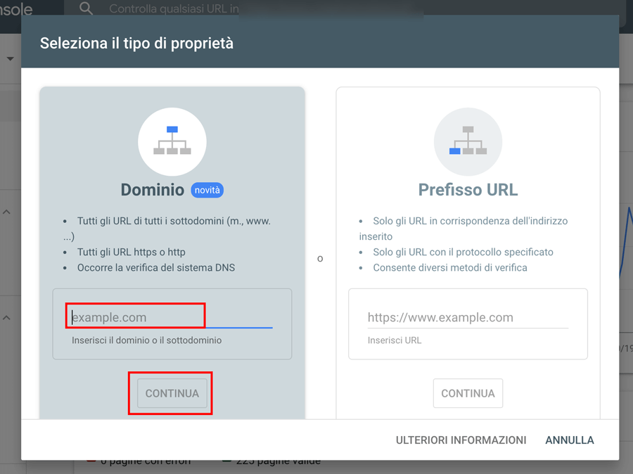 Aggiungi nuovo dominio o prefisso URL in Google Search Console