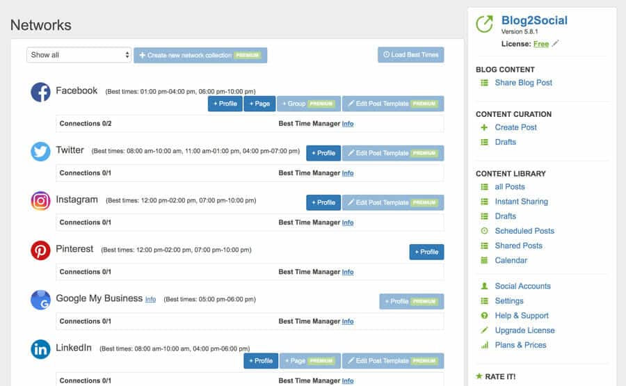 Menu networks plugin blog2social