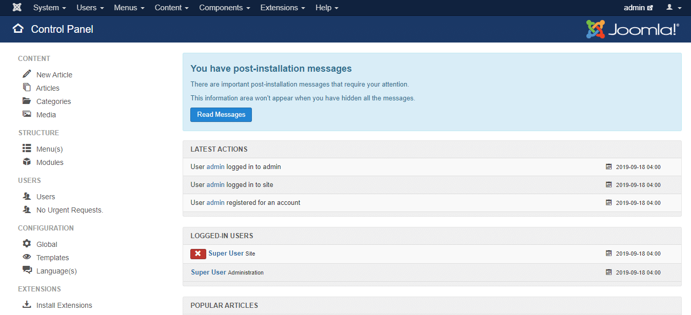 Pannello di controllo di Joomla