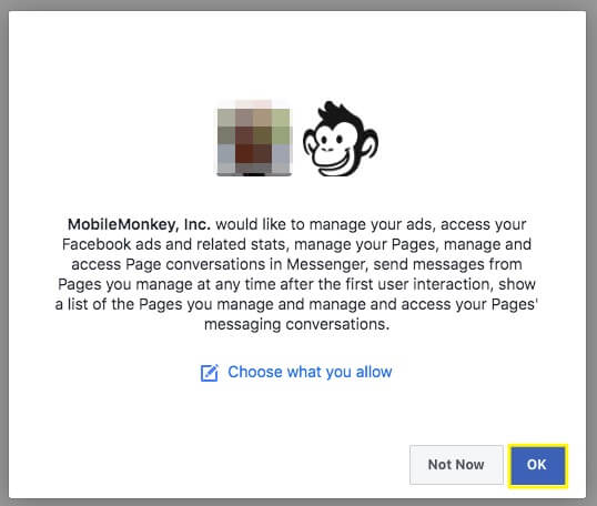 Autorizzazioni MobileMonkey chatbot e Faceboook